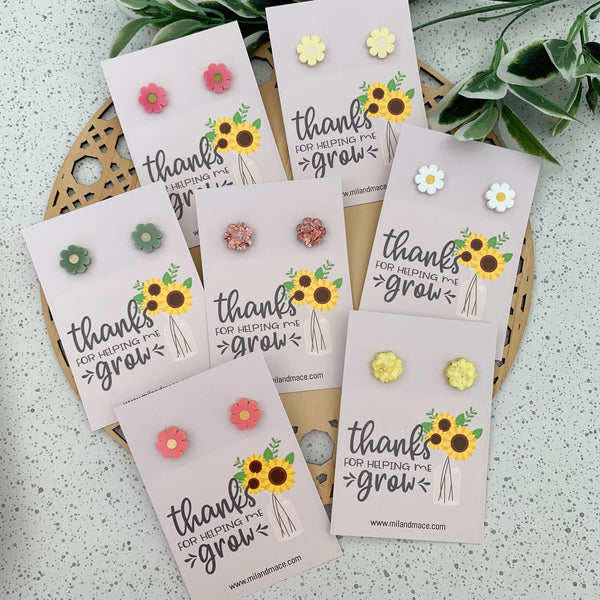 Educator Gift 'Thanks for helping me grow' Flower Stud Earrings