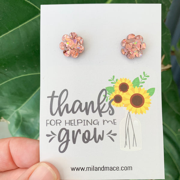 Educator Gift 'Thanks for helping me grow' Flower Stud Earrings