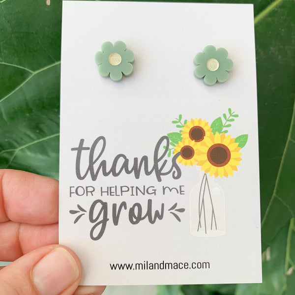 Educator Gift 'Thanks for helping me grow' Flower Stud Earrings