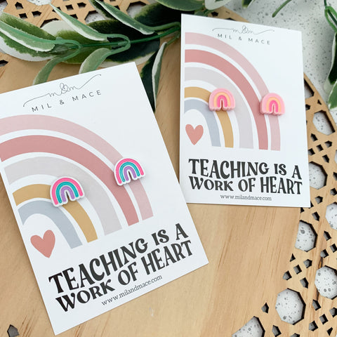 Educator Gift 'Teaching is a work of Heart' Rainbow Stud Earrings