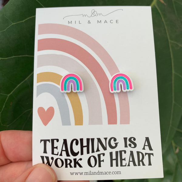Educator Gift 'Teaching is a work of Heart' Rainbow Stud Earrings