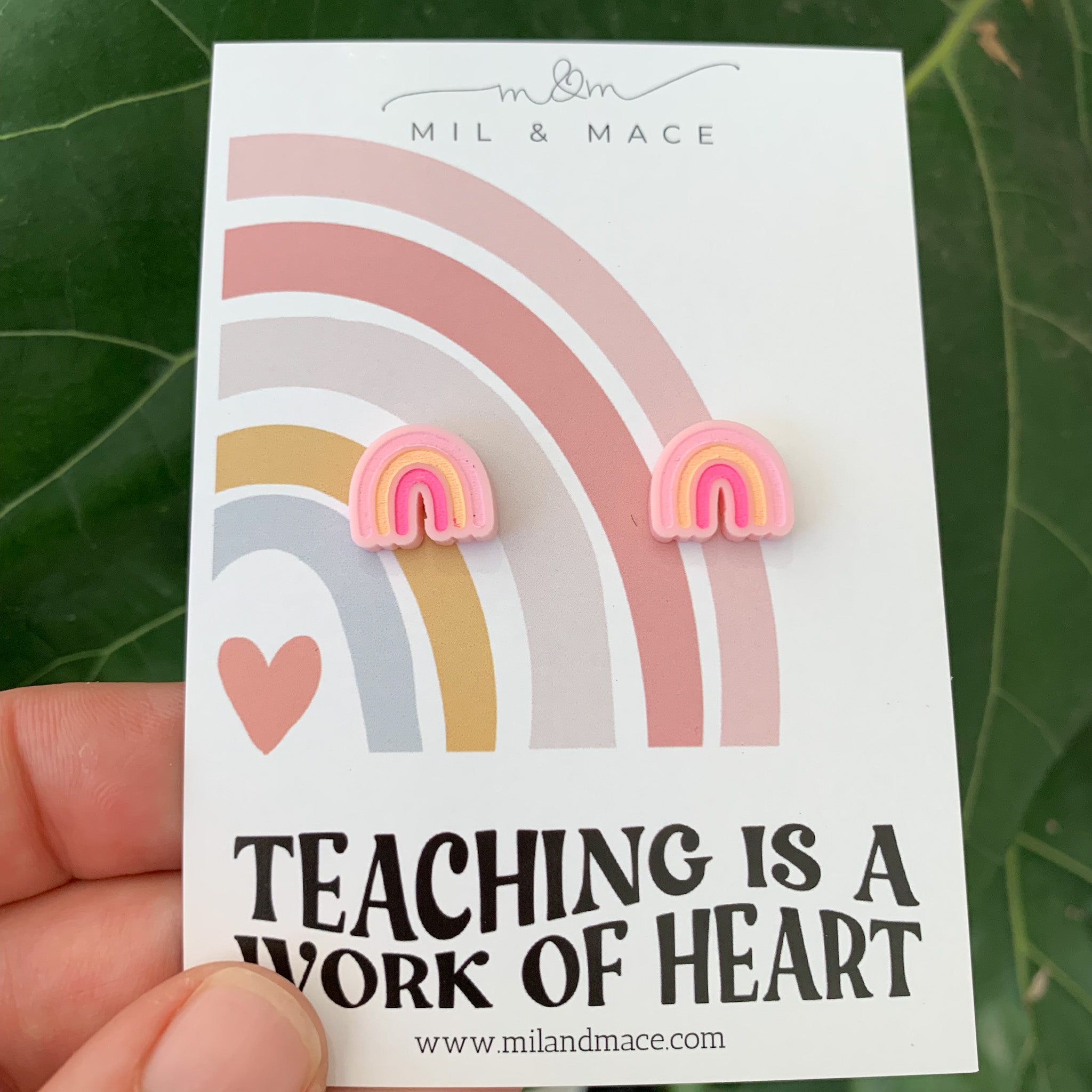Educator Gift 'Teaching is a work of Heart' Rainbow Stud Earrings