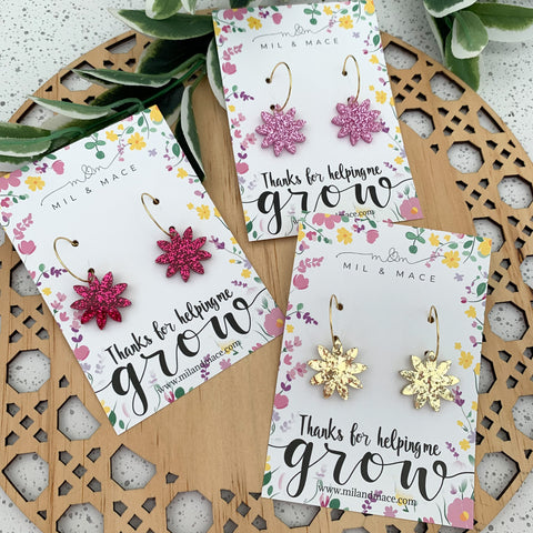 Educator Gift 'Thanks for helping me grow' Glitter Flower Hoop Earrings