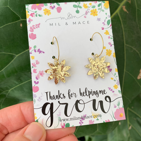 Educator Gift 'Thanks for helping me grow' Glitter Flower Hoop Earrings