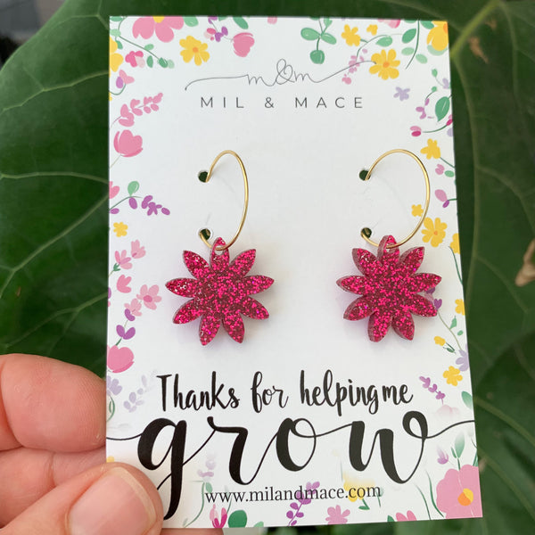 Educator Gift 'Thanks for helping me grow' Glitter Flower Hoop Earrings