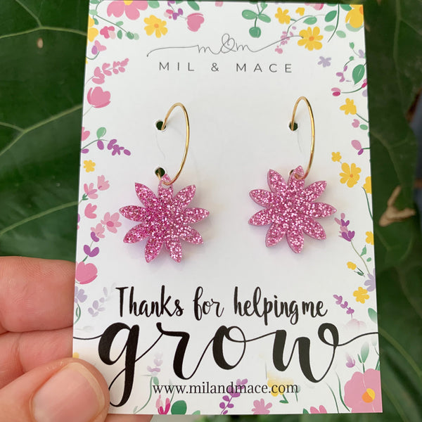 Educator Gift 'Thanks for helping me grow' Glitter Flower Hoop Earrings