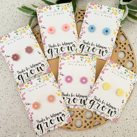 Educator Gift 'Thanks for helping me grow' Flower Stud Earrings (Floral Card)