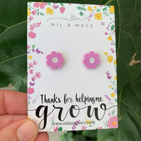 Educator Gift 'Thanks for helping me grow' Flower Stud Earrings (Floral Card)