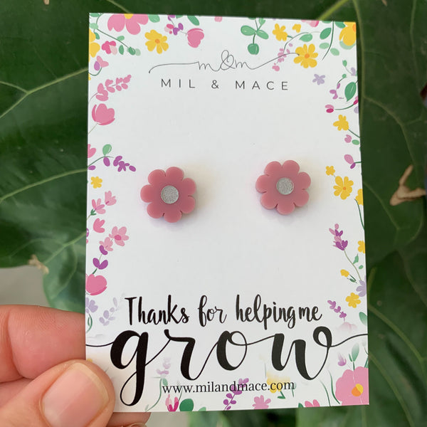 Educator Gift 'Thanks for helping me grow' Flower Stud Earrings (Floral Card)