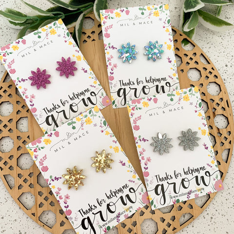 Educator Gift 'Thanks for helping me grow' Glitter Flower Stud Earrings