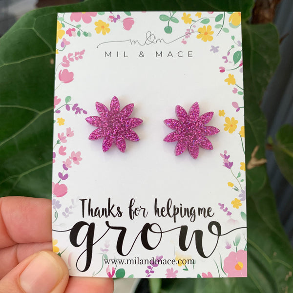 Educator Gift 'Thanks for helping me grow' Glitter Flower Stud Earrings