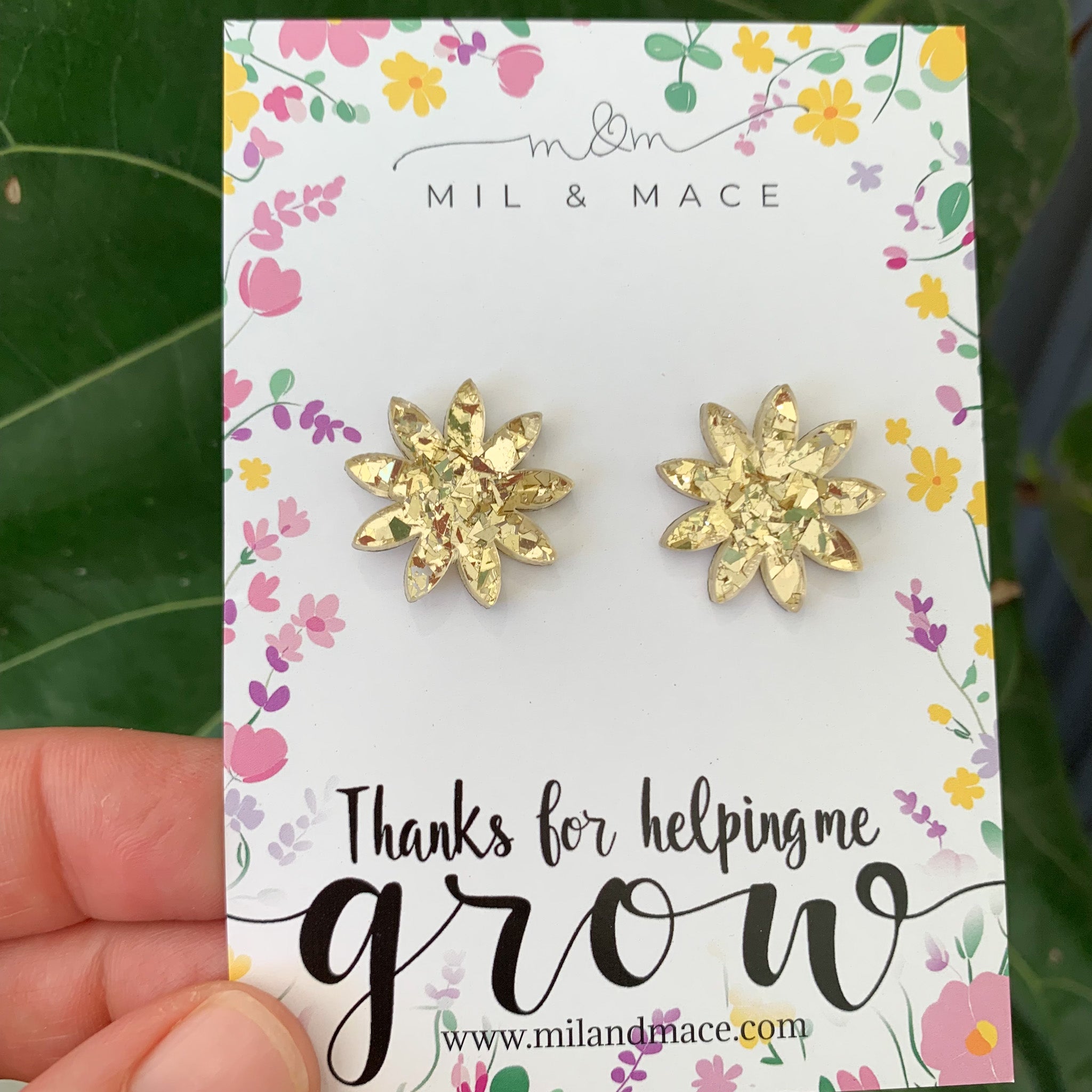 Educator Gift 'Thanks for helping me grow' Glitter Flower Stud Earrings