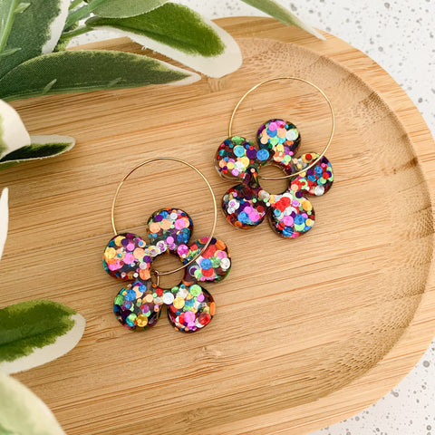 Flower Resin Hoop Dangle Earrings