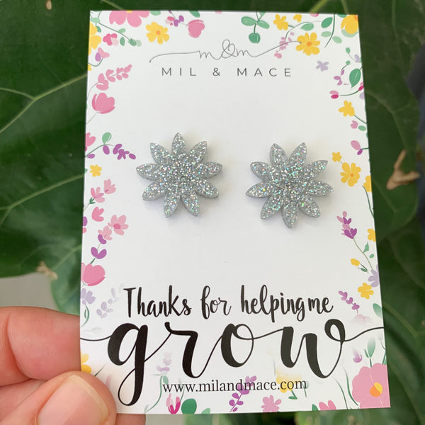 Educator Gift 'Thanks for helping me grow' Glitter Flower Stud Earrings