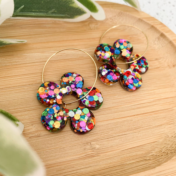 Flower Resin Hoop Dangle Earrings