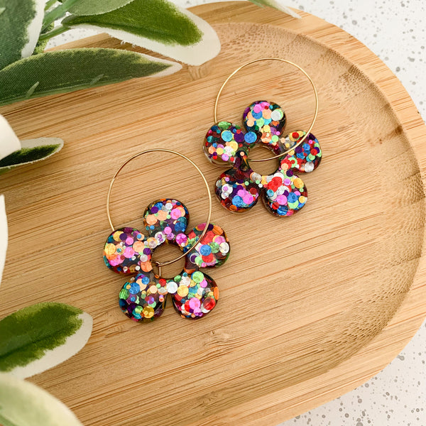 Flower Resin Hoop Dangle Earrings