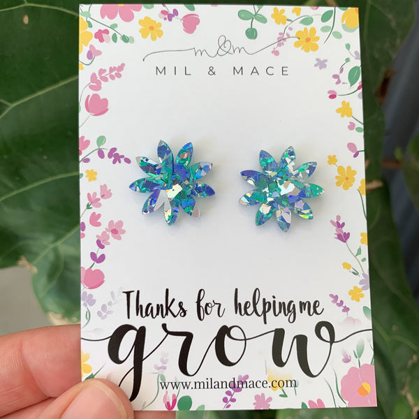 Educator Gift 'Thanks for helping me grow' Glitter Flower Stud Earrings