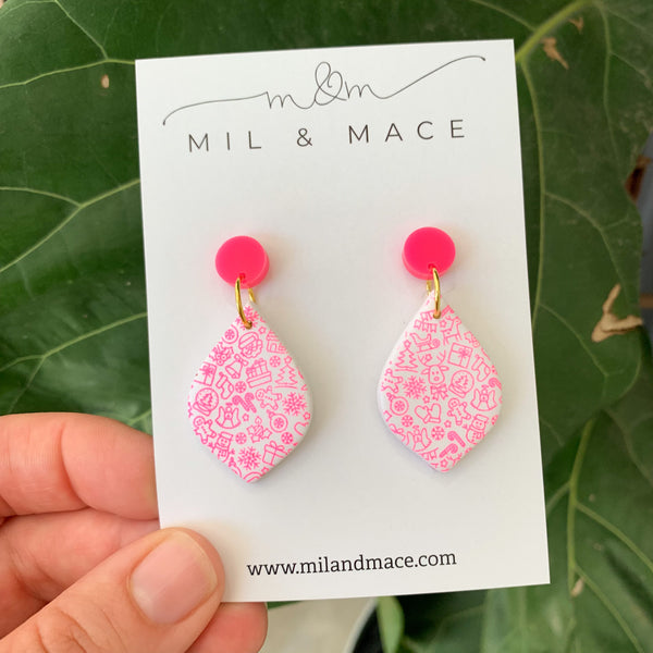 Christmas Pink Baubles Polymer Clay Dangle Earrings
