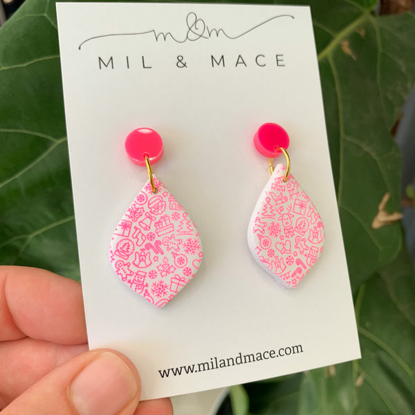 Christmas Pink Baubles Polymer Clay Dangle Earrings