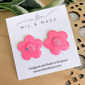 Pink and Teal Spot 25mm Yupo Flower Stud Earrings