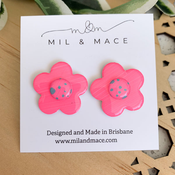 Pink and Teal Spot 25mm Yupo Flower Stud Earrings