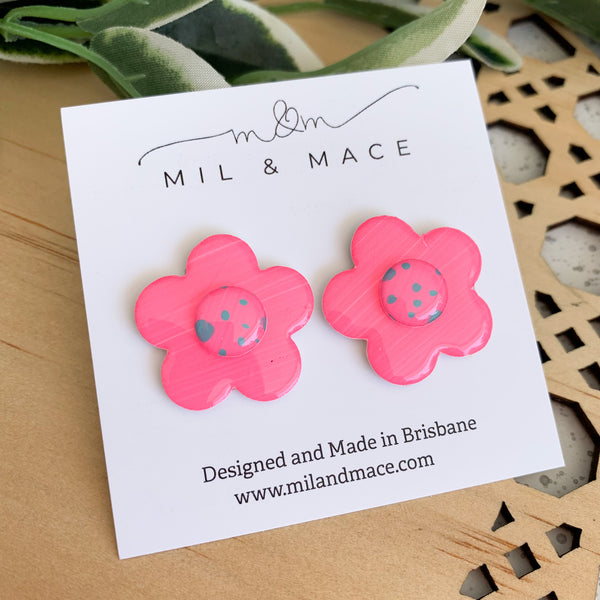 Pink and Teal Spot 25mm Yupo Flower Stud Earrings