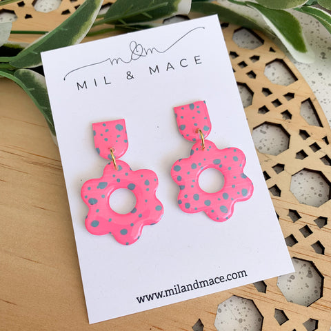 Pink and Teal Spot 30mm Flower Yupo Dangle Earrings