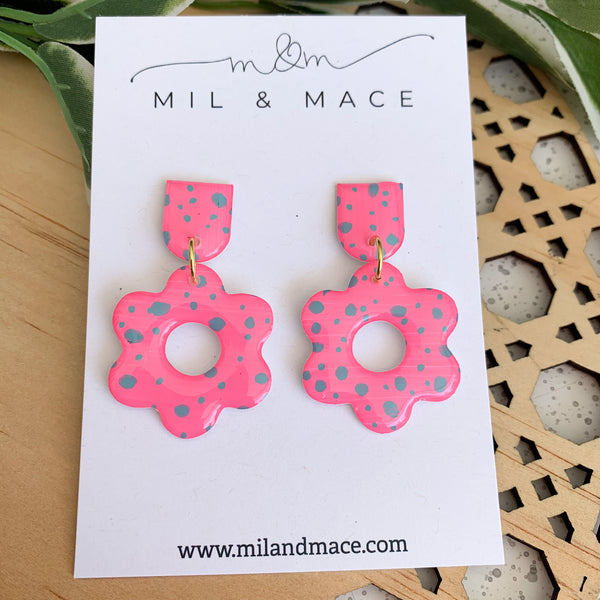 Pink and Teal Spot 30mm Flower Yupo Dangle Earrings