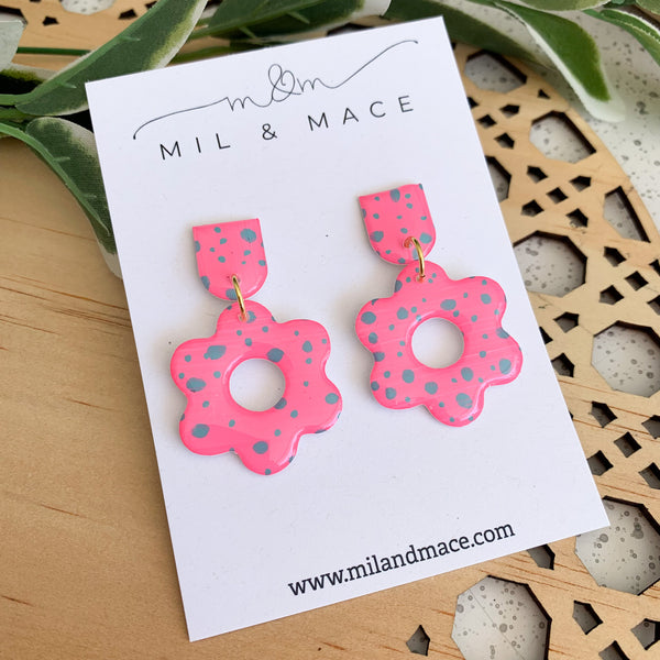 Pink and Teal Spot 30mm Flower Yupo Dangle Earrings