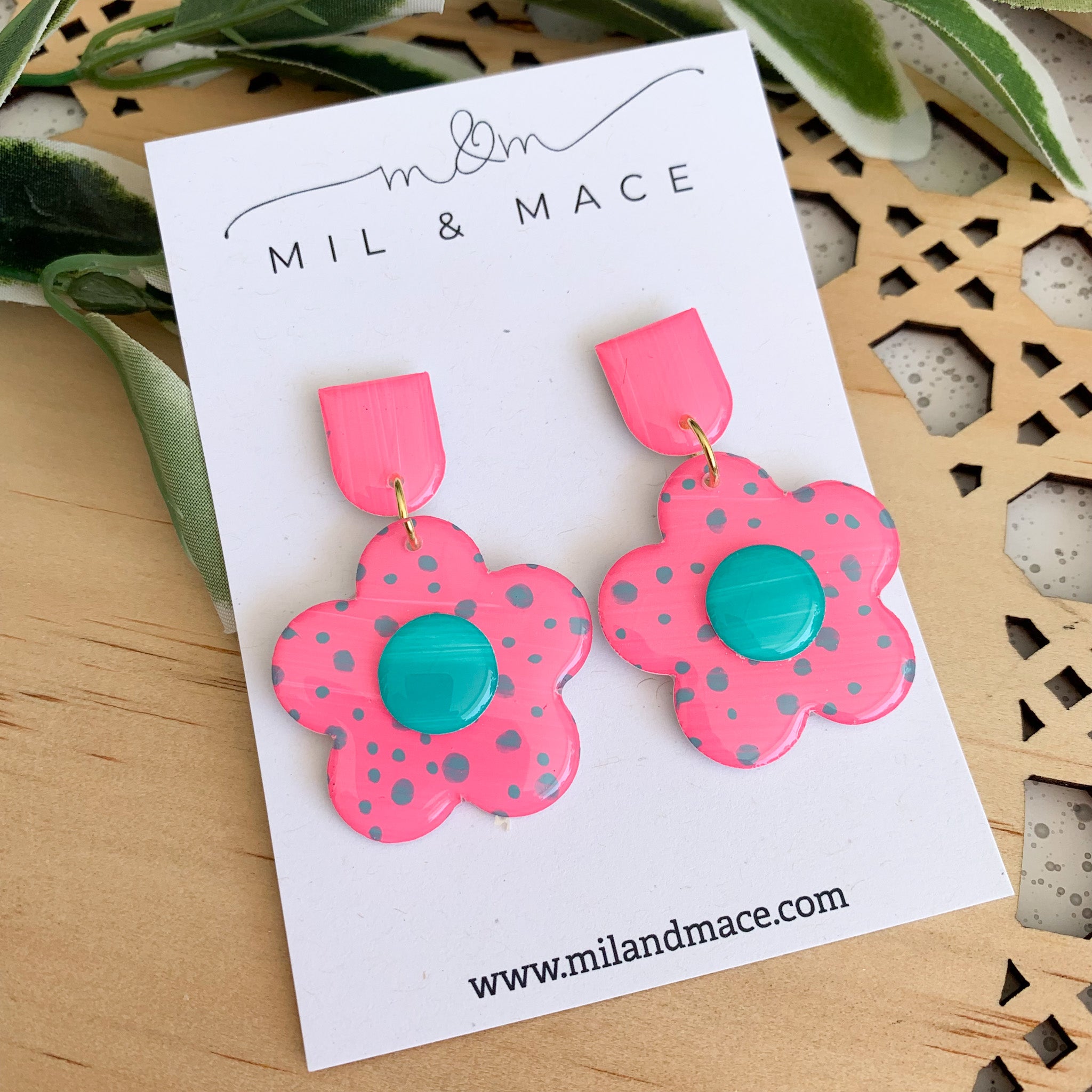 Pink and Teal 35mm Flower Yupo Dangle Earrings