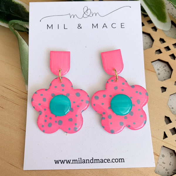 Pink and Teal 35mm Flower Yupo Dangle Earrings