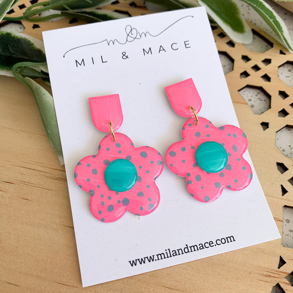 Pink and Teal 35mm Flower Yupo Dangle Earrings