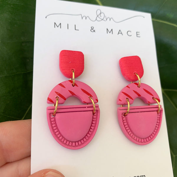 Candy Pink and Red Polymer Clay Dangle Earrings