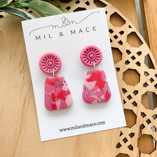 Pink and Red Splash Polymer Clay Dangle Earrings with Resin