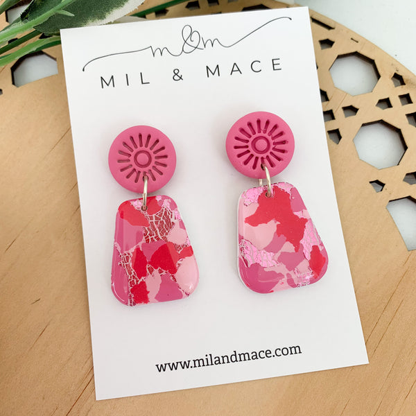 Pink and Red Splash Polymer Clay Dangle Earrings with Resin