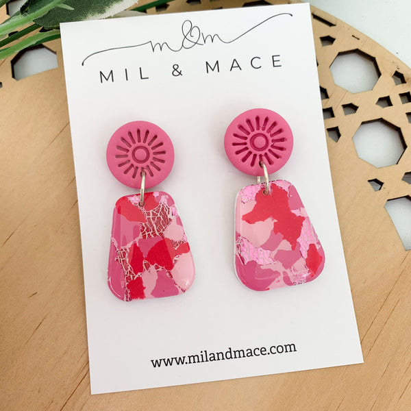 Pink and Red Splash Polymer Clay Dangle Earrings with Resin