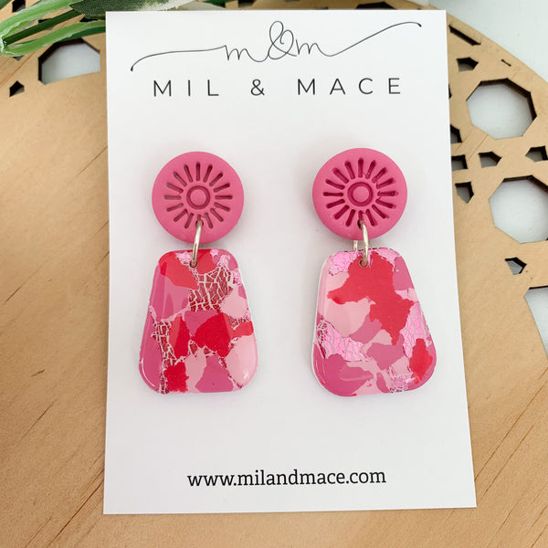 Pink and Red Splash Polymer Clay Dangle Earrings with Resin