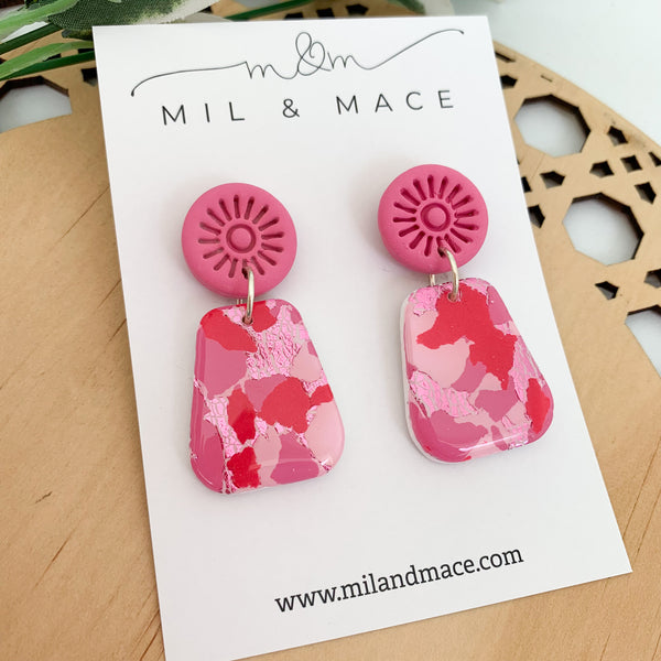 Pink and Red Splash Polymer Clay Dangle Earrings with Resin