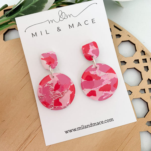 Pink and Red Splash Polymer Clay Dangle Earrings with Resin
