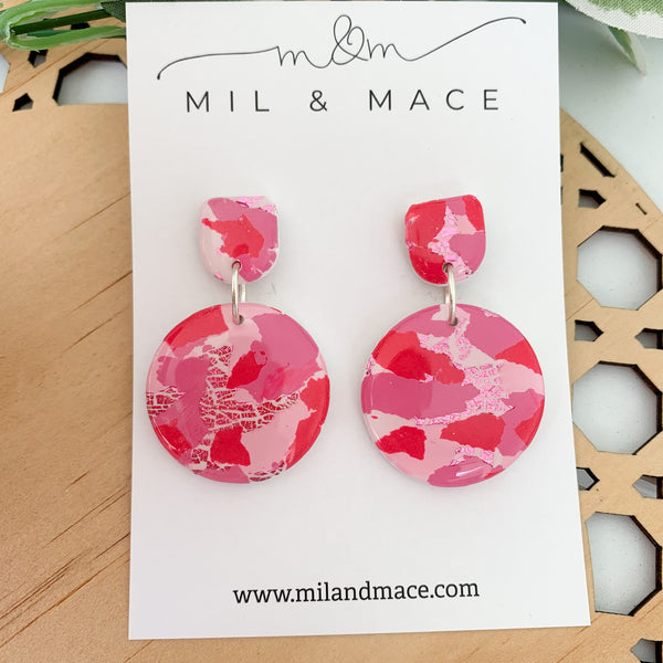 Pink and Red Splash Polymer Clay Dangle Earrings with Resin