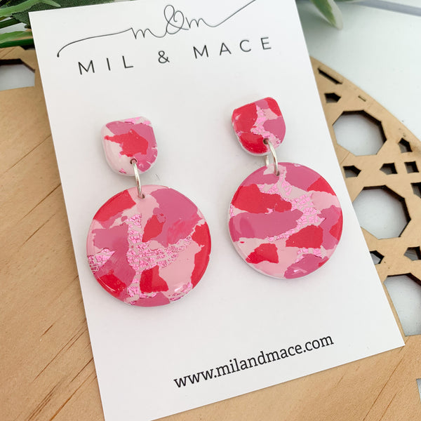Pink and Red Splash Polymer Clay Dangle Earrings with Resin