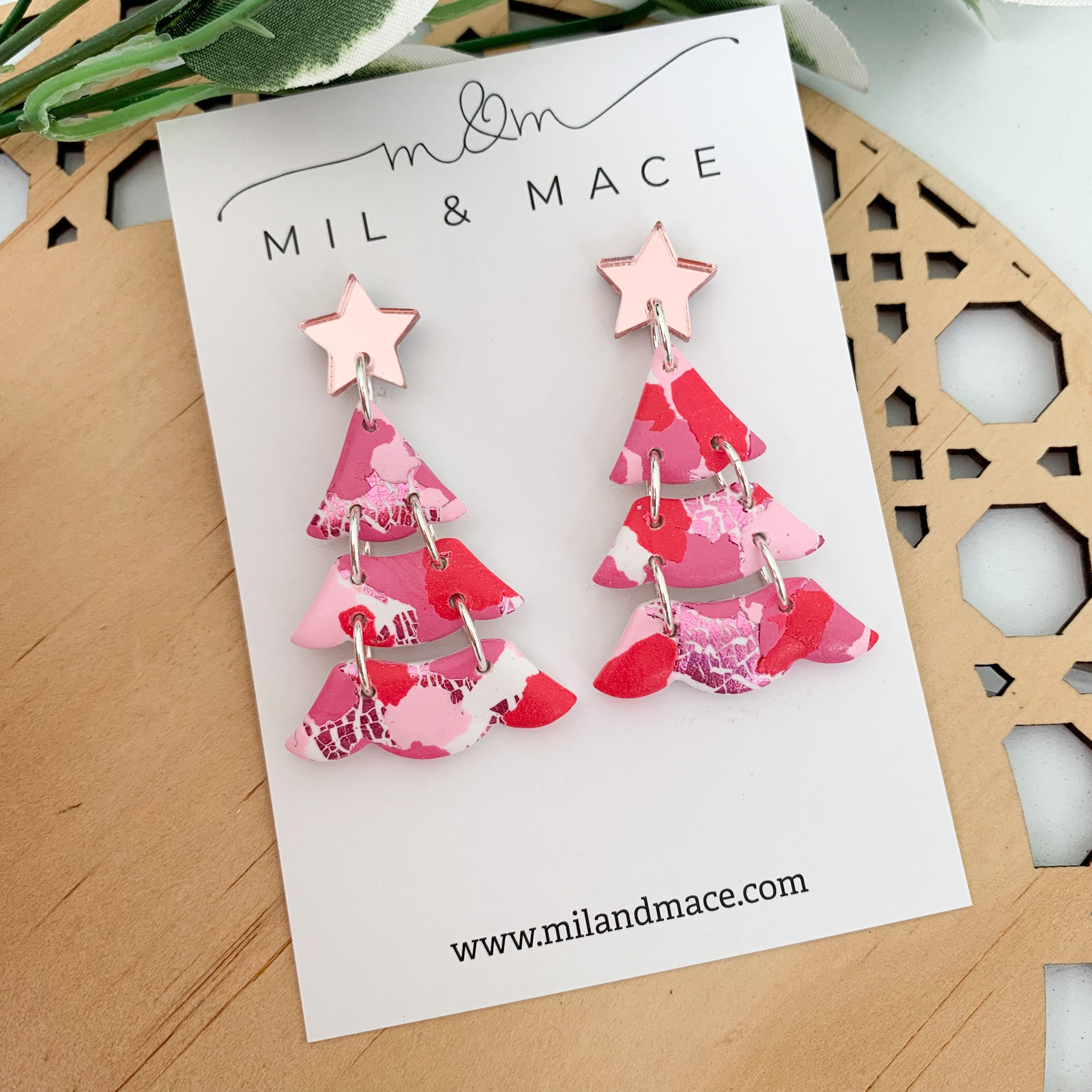 Pink and Red Splash Polymer Clay Dangle Earrings