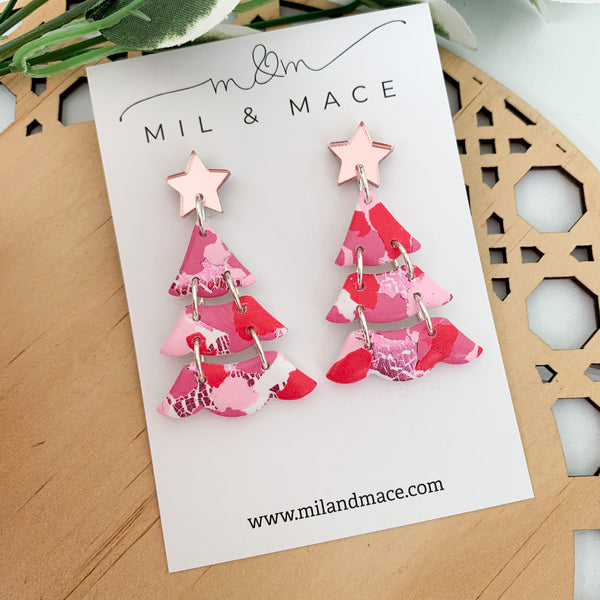 Pink and Red Splash Polymer Clay Dangle Earrings