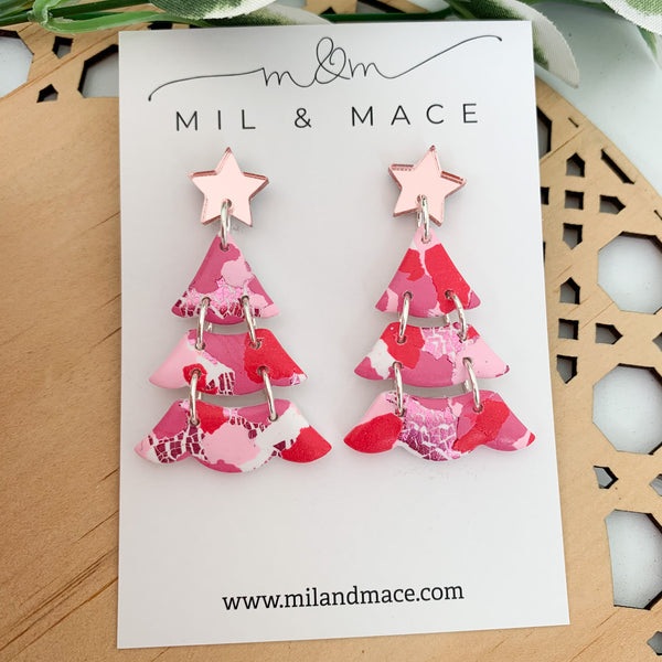 Pink and Red Splash Polymer Clay Dangle Earrings