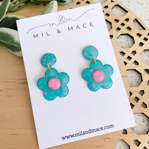 Teal and Purple Spot 25mm Flower Handpainted Dangle Earrings