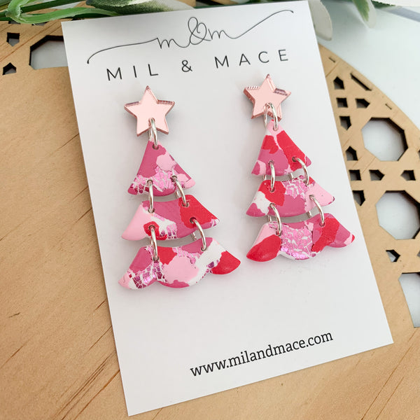 Pink and Red Splash Polymer Clay Dangle Earrings