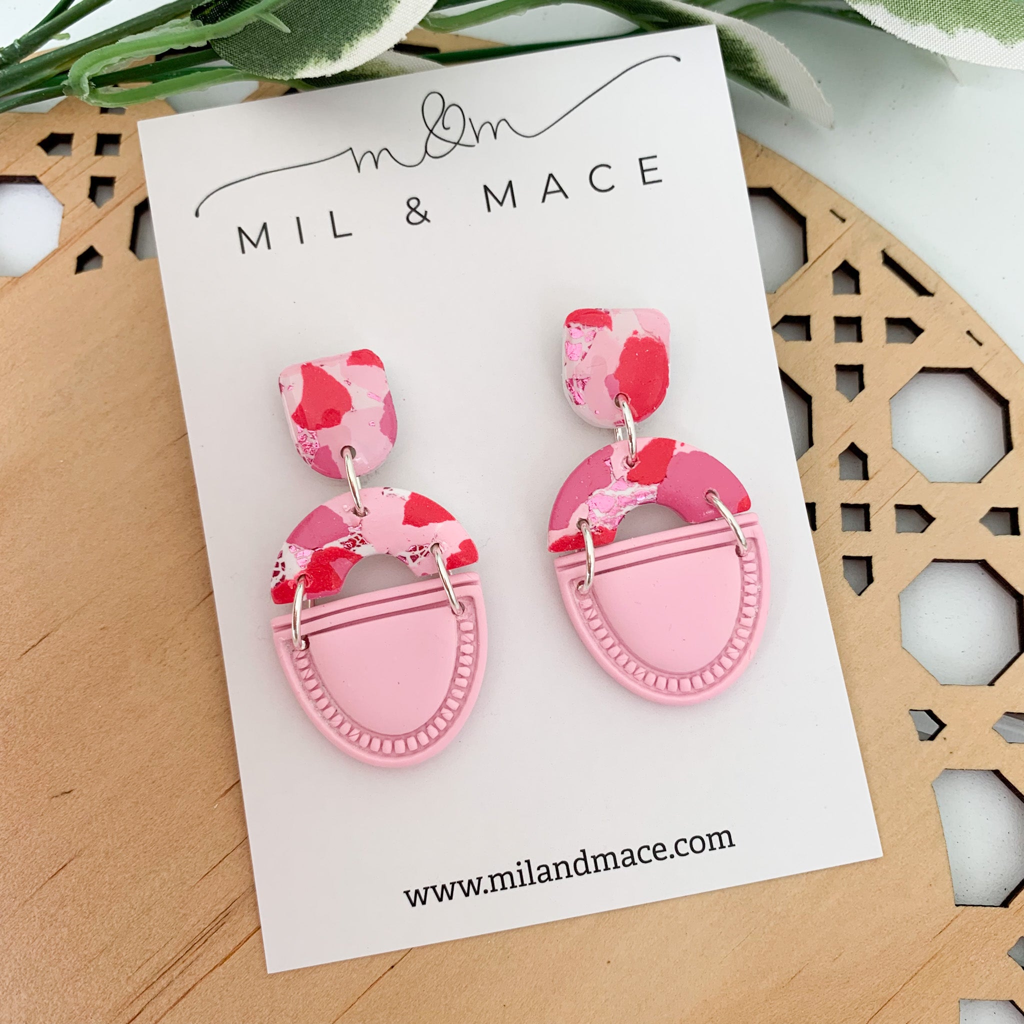 Pink and Red Splash Polymer Clay Dangle Earrings