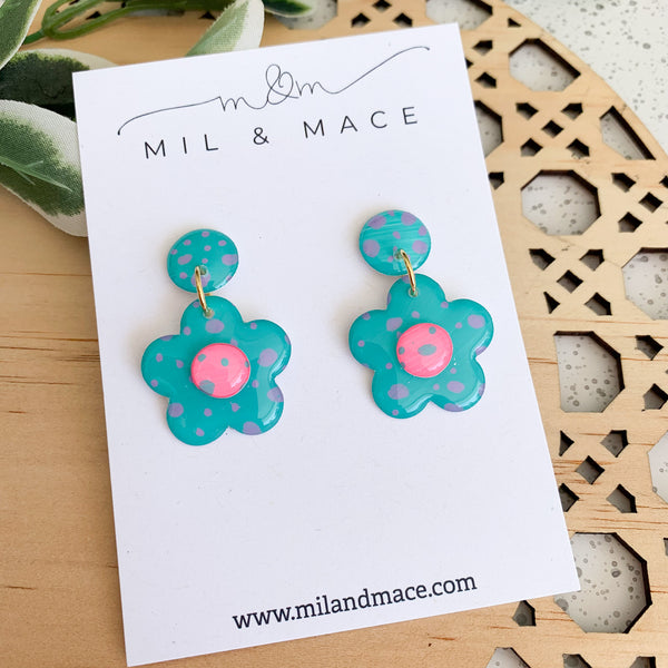 Teal and Purple Spot 25mm Flower Handpainted Dangle Earrings