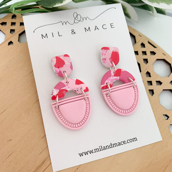 Pink and Red Splash Polymer Clay Dangle Earrings