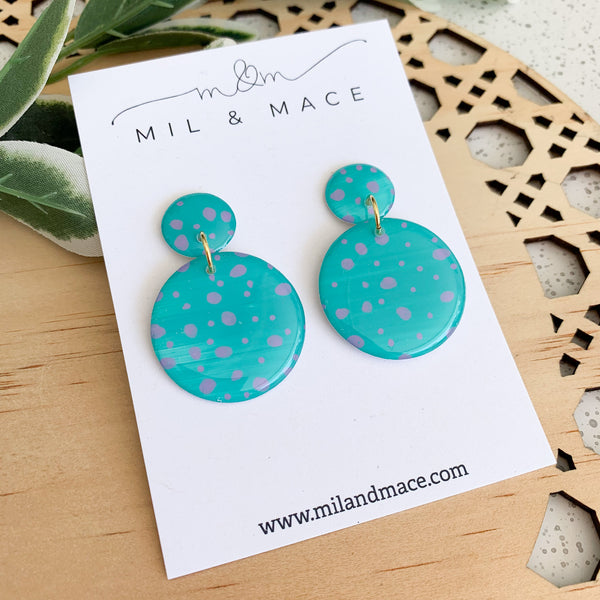 Teal and Purple Spot 30mm Round Handpainted Dangle Earrings